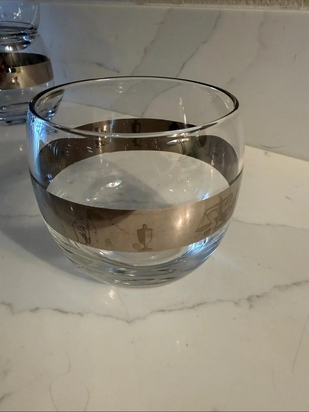 Mid Century Modern Roly Poly Glasses Silver Band with Apothecary Design Set of 4